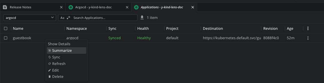 The context menu on an Application, listing Show Details, Summarize, Sync, Refresh, Edit and Delete
