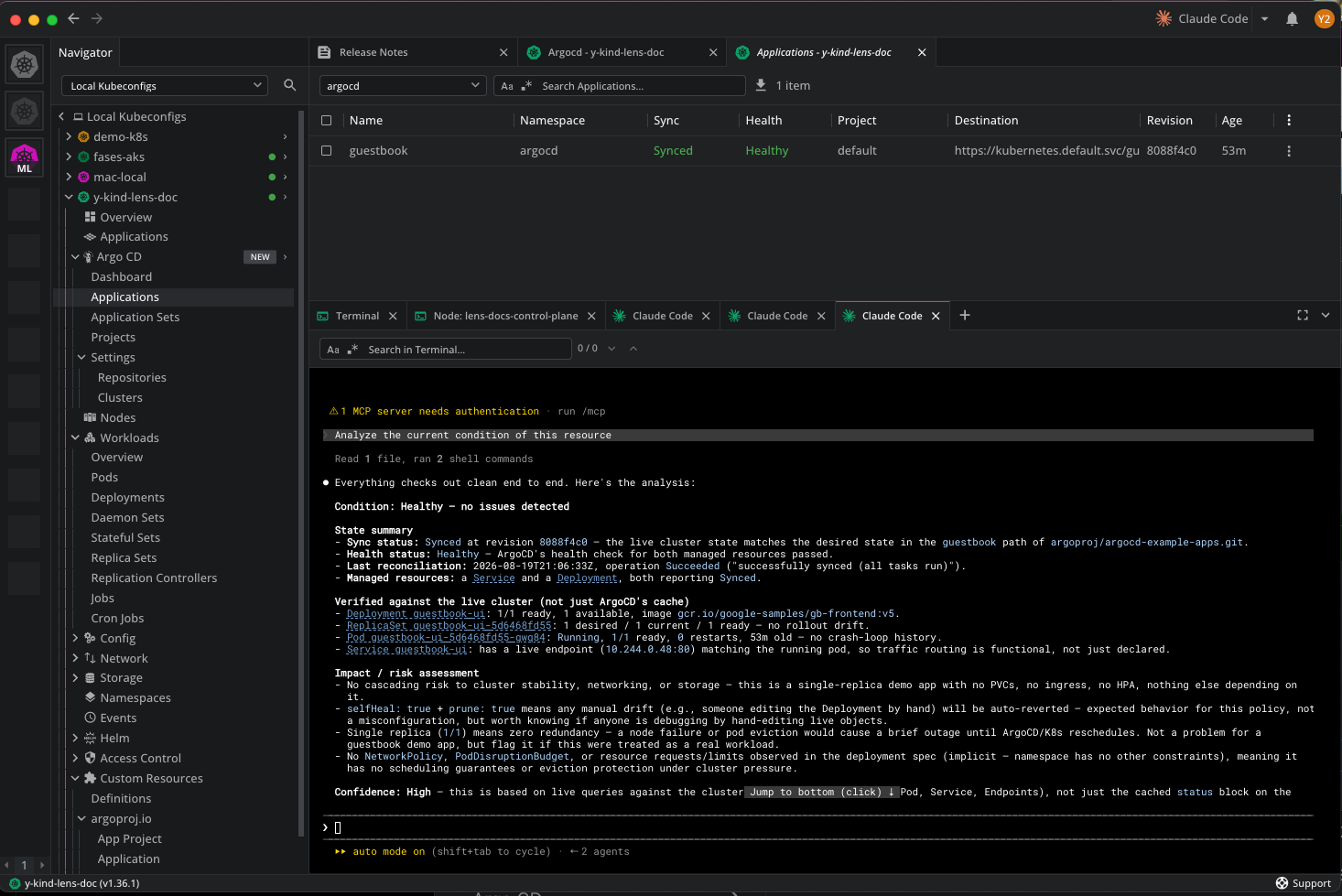 Claude Code summarizing an Application: sync and health state, resources verified against the live cluster, a risk assessment, and a confidence level