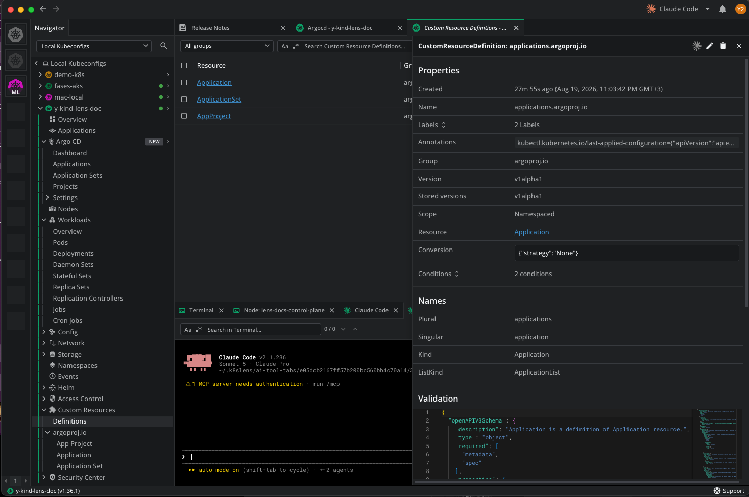 The Definitions view filtered to the argoproj.io group, listing the Application, ApplicationSet, and AppProject CRDs, with the Application CRD's details open
