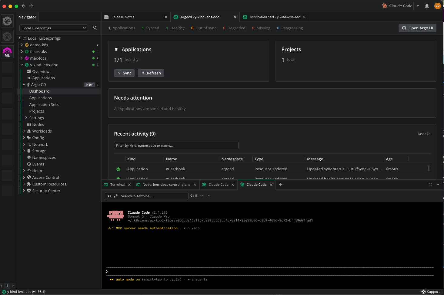 Argo CD dashboard showing the health strip, summary cards for Applications and Projects, the Needs attention panel, and the Recent activity timeline