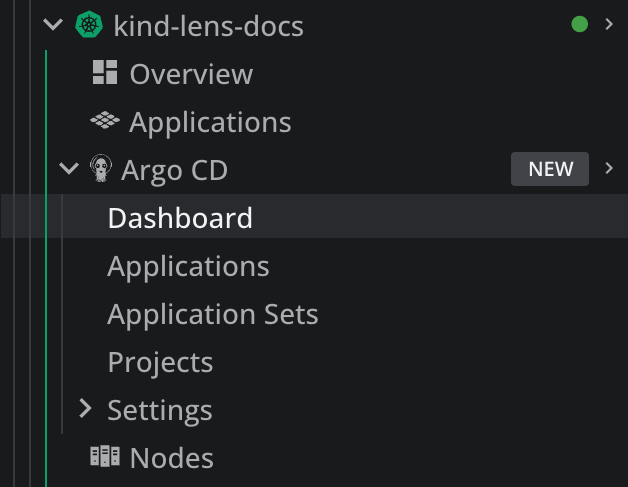 The Argo CD entry expanded in the cluster navigator, showing Dashboard, Applications, Application Sets, Projects and Settings