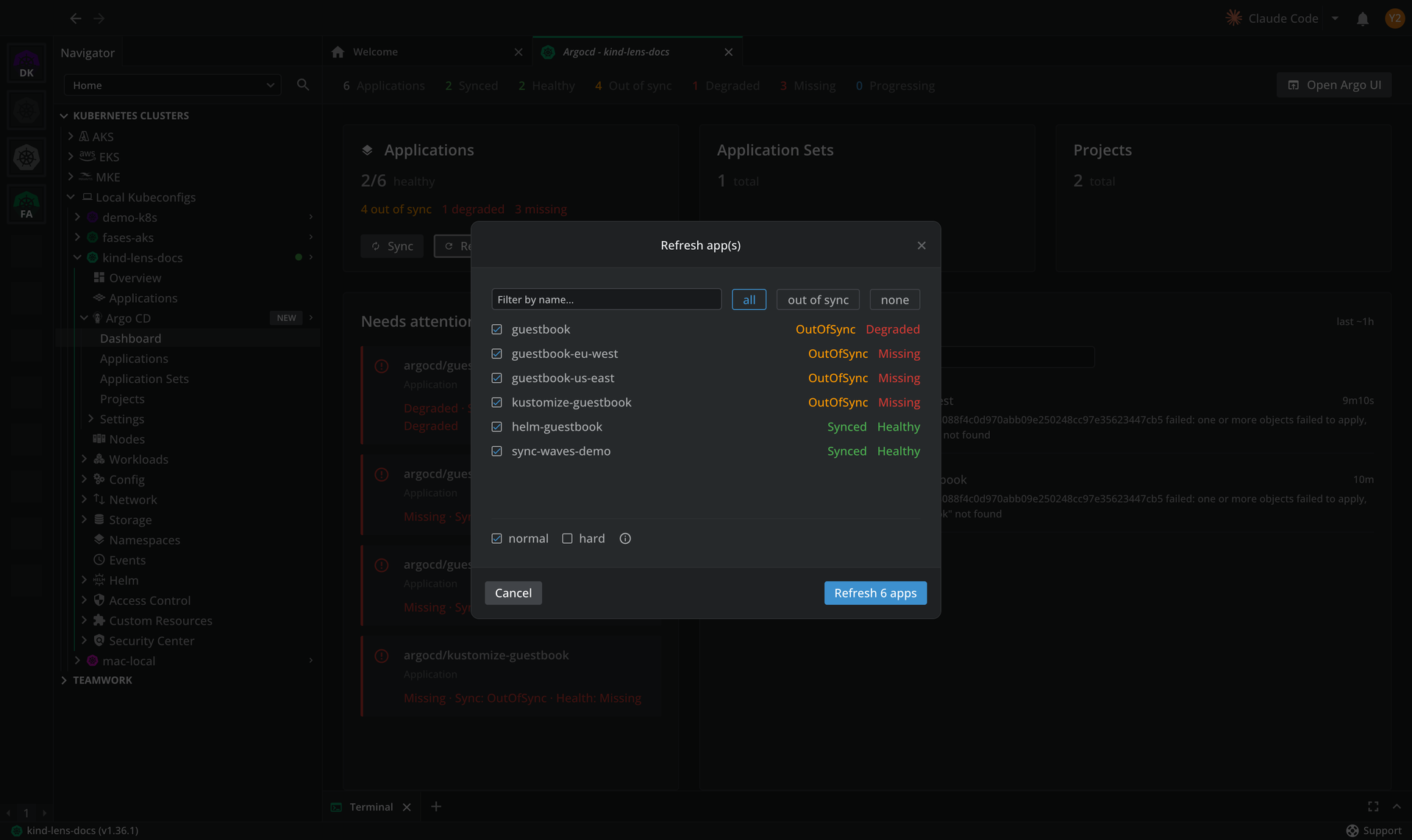 The Refresh app(s) modal with every Application selected and the normal and hard refresh types