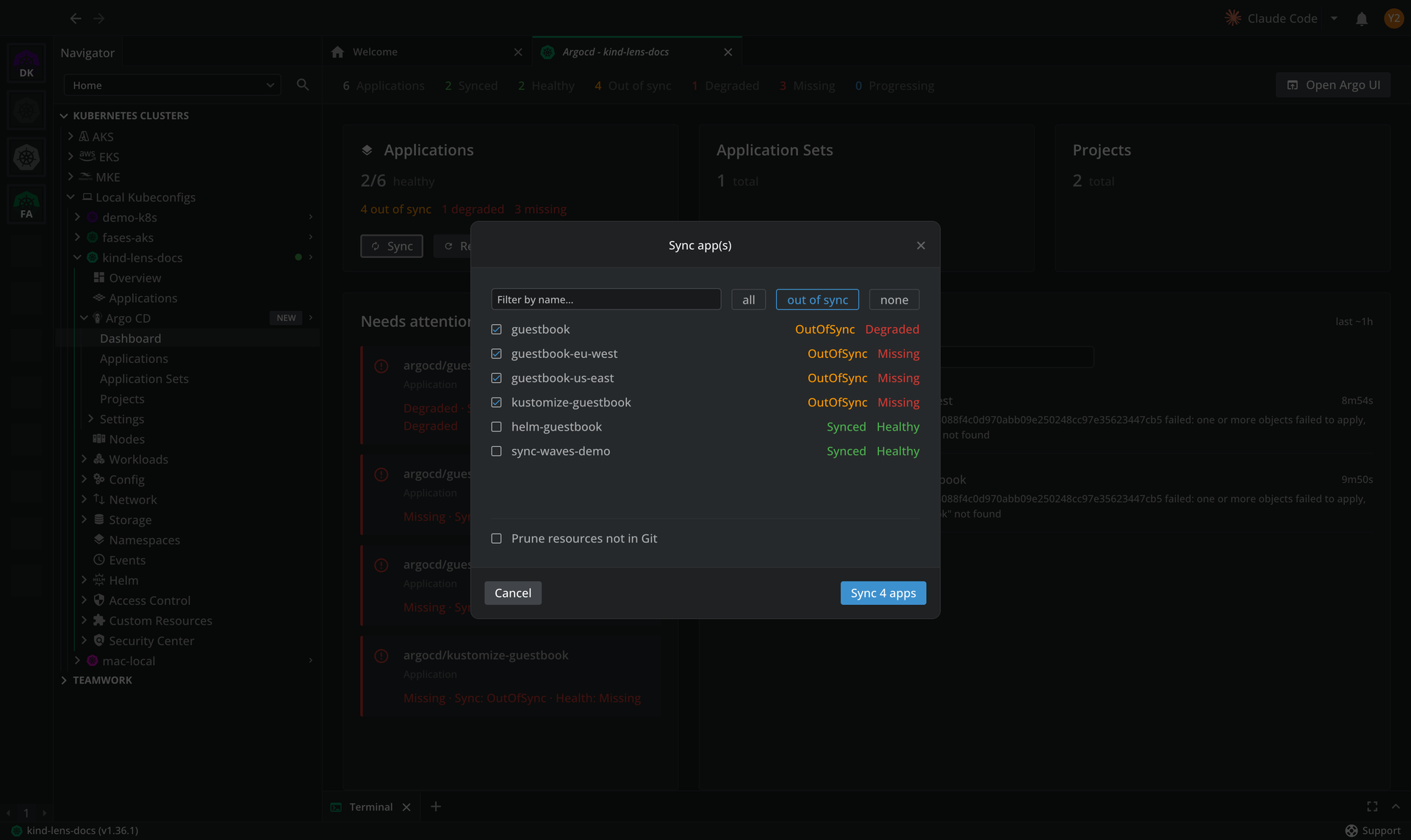 The Sync app(s) selection modal, with the target Application selected and the Prune resources not in Git toggle