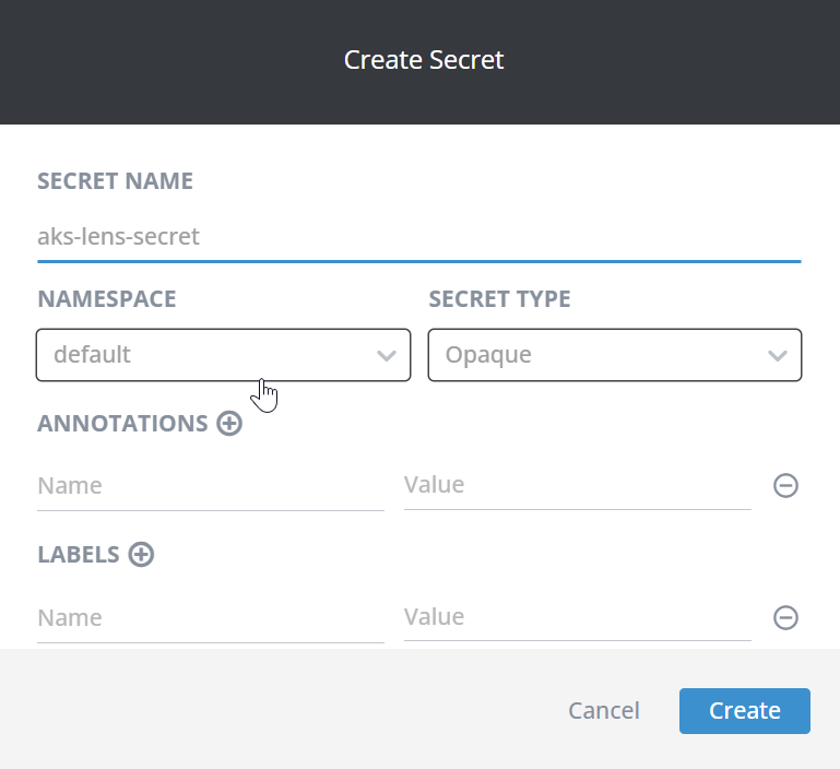 the Create Secret dialog menu