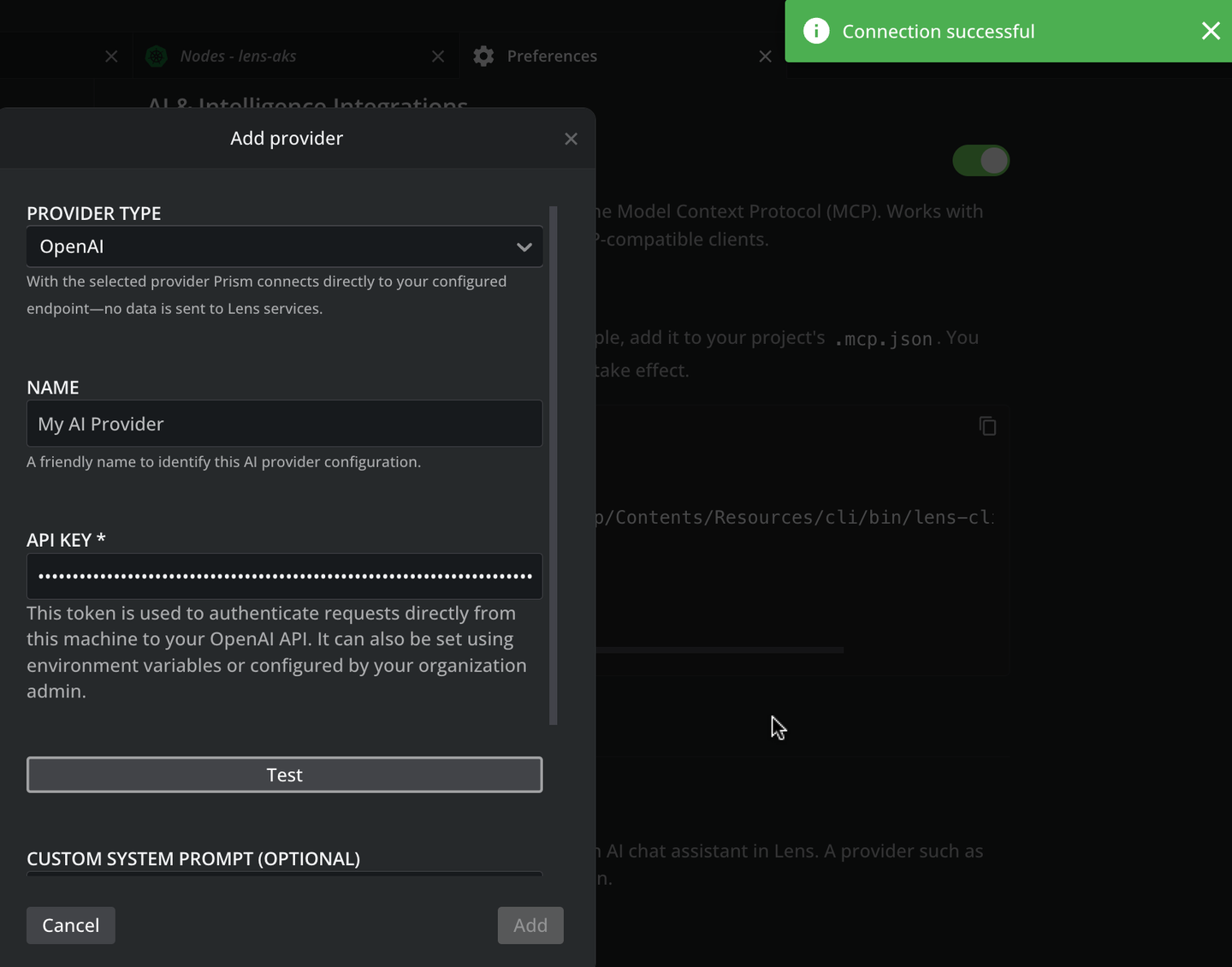 Add provider modal with Connection successful notification