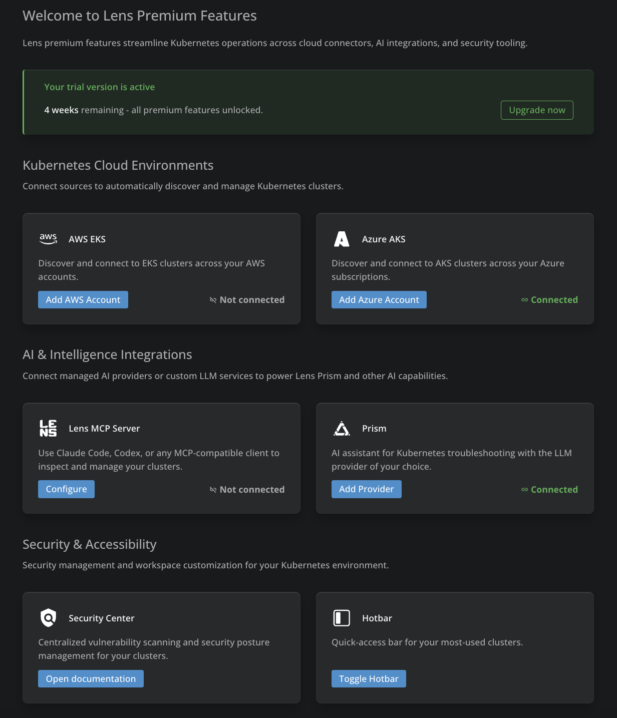 Premium Features dashboard with trial banner and feature cards