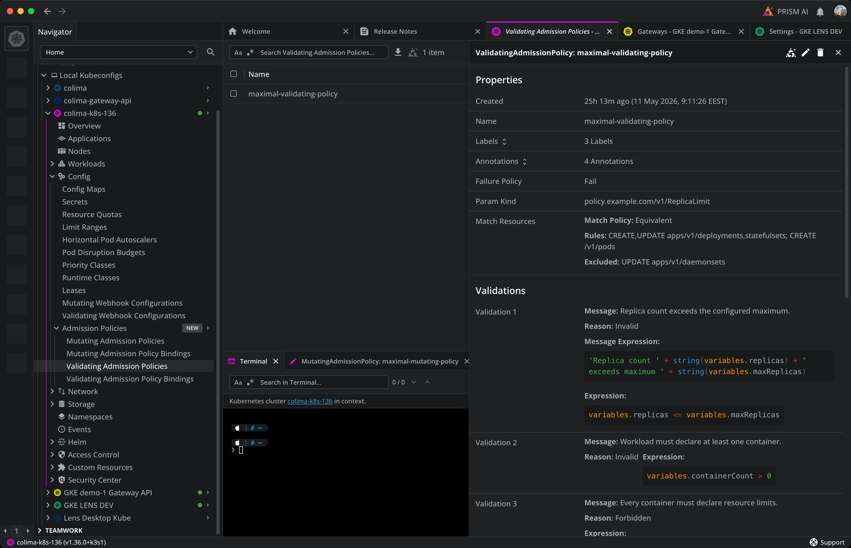Navigator with the new Admission Policies group expanded, alongside a ValidatingAdmissionPolicy detail panel showing its Properties and multiple Validations with CEL-highlighted expressions